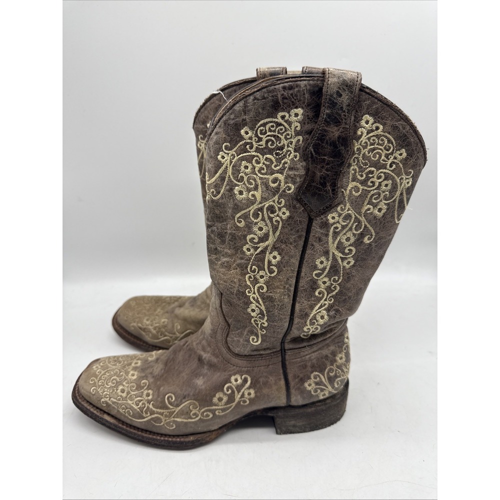 Corral Boots Teens 4 Leather Bone‎ Embroidered Western Square Toe Cowgirl Rodeo